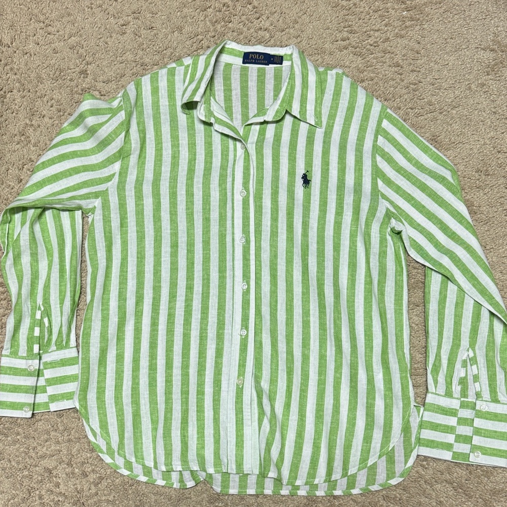 Ralph Lauren Green and White Striped Button-Up Shirt